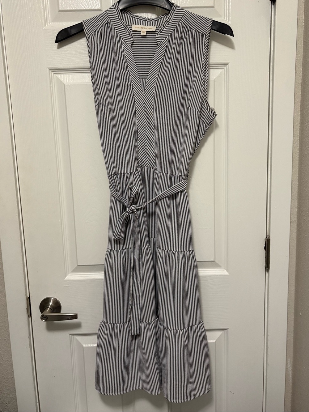 *Monteau LA Black & White Striped Belted Sleeveless Tiered Large Midi Dress